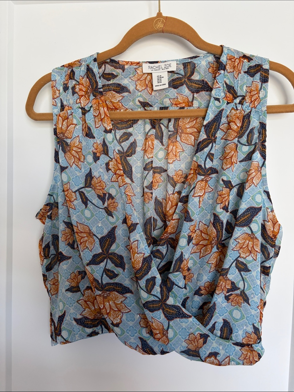 Rachel Zoe Light Blue Floral Wrap Camisole with Orange Accents